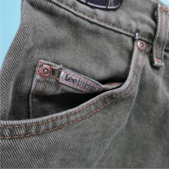 Vintage Lee Riveted High Rise Mom Jeans Size 14 Petite Olive Green 80's 90s - Picture 2 of 4